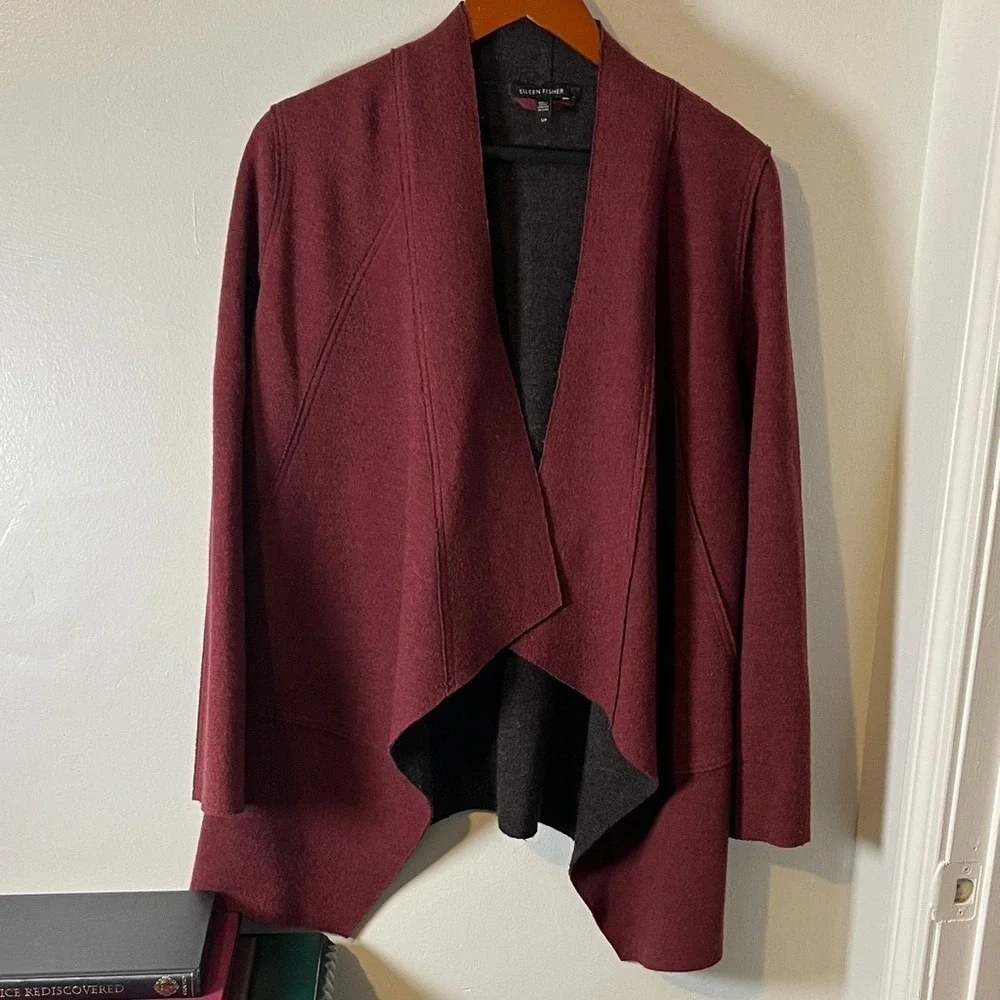 Eileen Fisher Merino Wool Double-knit Kimono Burgundy Open Cardigan Jacket Sz SP
